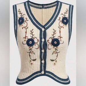 Floral Embroidery Button Front Sweater Vest